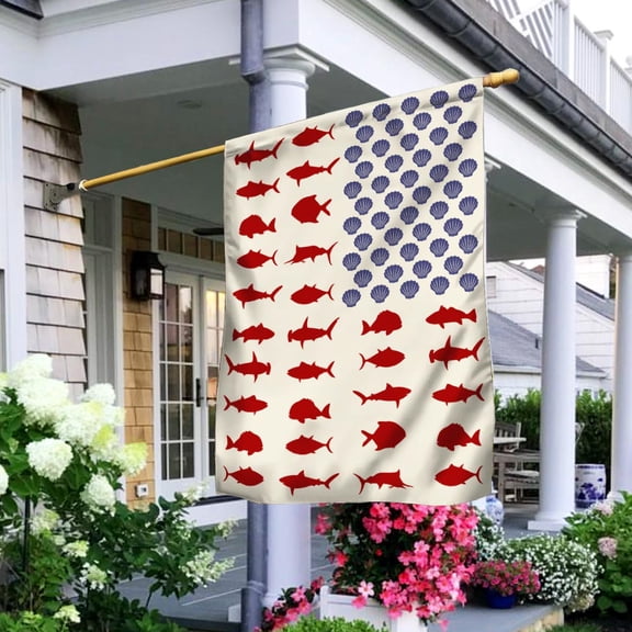 Garden Flag Fish And Shell On American, Coastal Beach Theme, 12x18 POLE NOT INCLUDED