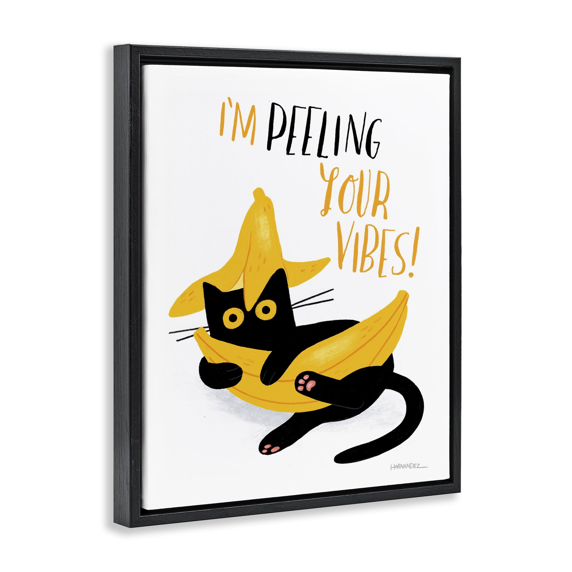 Stupell Industries Peeling Your Vibes Cat Animals Painting Black Floater Framed Canvas Art Print Wall Art, 25 x 31