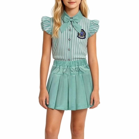 Amidoa Girls Summer Outfits 2 Piece Short Sleeve Cute Ruffle Sleeveless Top and Pleated Skirt Kids Clothing Sets Green Size 3T