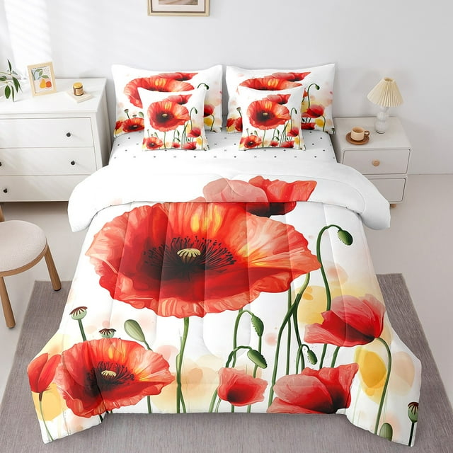 YST 7 Piece Red Poppy Sheet Set With Comforter, Branches Floral Bedding Sets Full Size Flower Rustic Bed In A Bag Farmhouse Pastoral Style Bed Set For Kids Boys Teens Adult Bedroom Decor