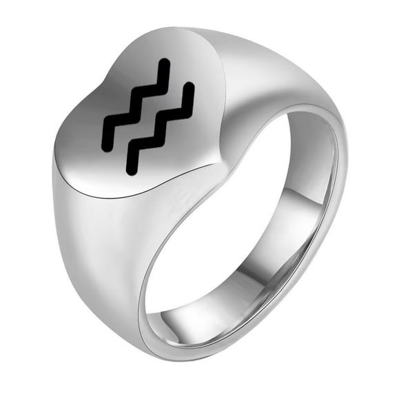 HIJONES Women Men's Love Heart 12 Zodiac Signs Stainless Steel Polished Ring Vintage Personalized Jewelry Silver Aquarius Size 9