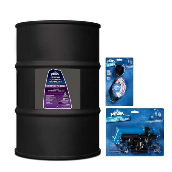 PEAK OET European Antifreeze/Coolant, 50/50 Prediluted Violet Si-OAT, 400k Miles/15 Years for Car, SUV & Trucks, 55-gal Drum, PEAK Accessories Included