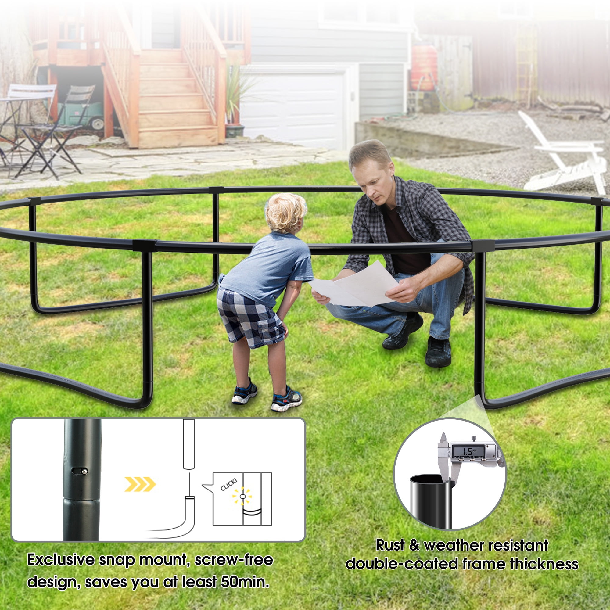 YORIN Trampoline, 14 FT Trampoline for 7-8 Kids Adults with Enclosure Net, Basketball Hoop, Ladder, 1400LBS Outdoor Round Recreational Trampoline, Heavy Duty Trampoline with Light, Sprinkler, Socks