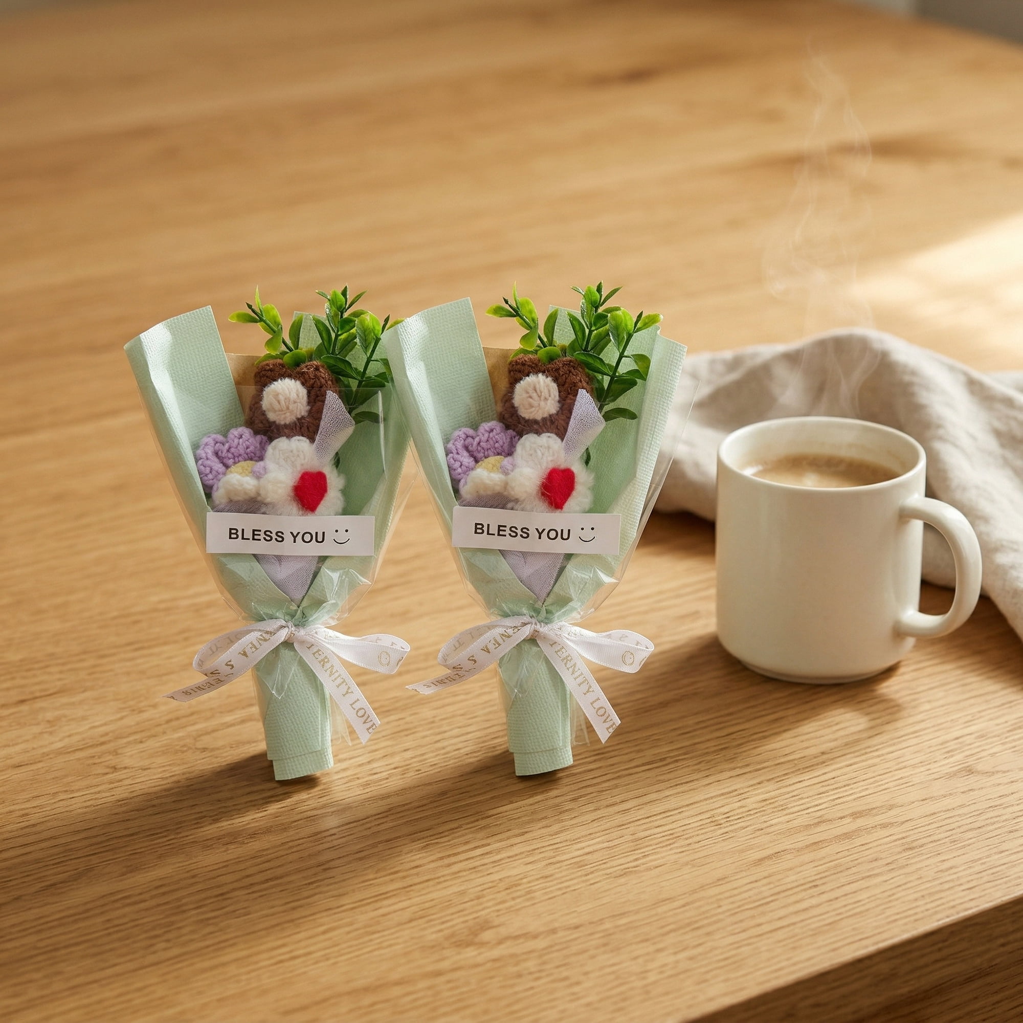 Unique Bargains 4Pcs Handmade Crochet Potted Flowers Knitted Bouquet Green Pink 5.9in