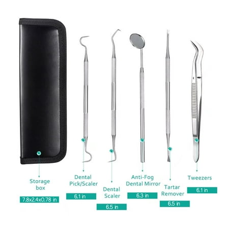 ElleSye Dental Hygiene Tool Set, Dental Tool Kit, 5-Piece, for Home Oral Care, Stainless Steel, Rust-free, Anti-fog Mouth Mirror, Tartar Remover, Dental Pick, Dental Scaler,