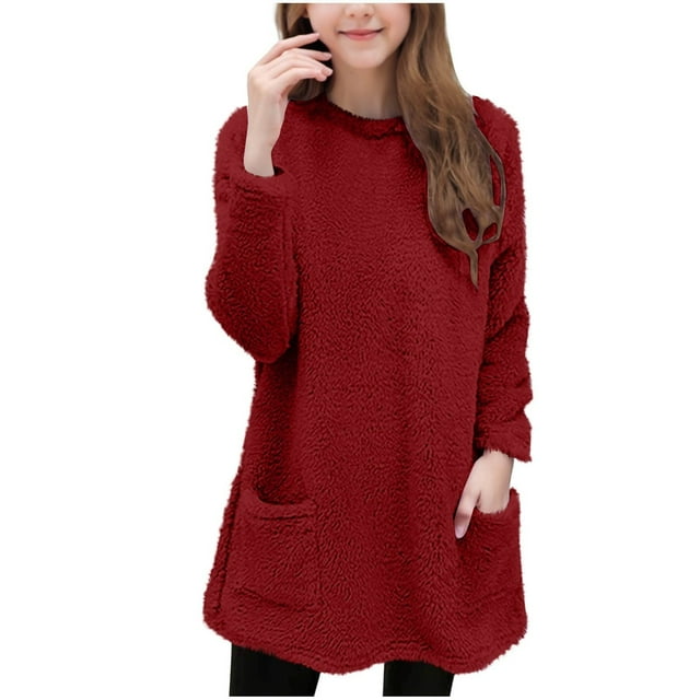 Wdgfv Chandails Molletonnés Sherpa pour Filles, Col Rond, Manches Longues, Hauts Duveteux, Automne Hiver, Chandail Chaud, Vêtements Doux et Confortables, Rouge, 5-6 Ans