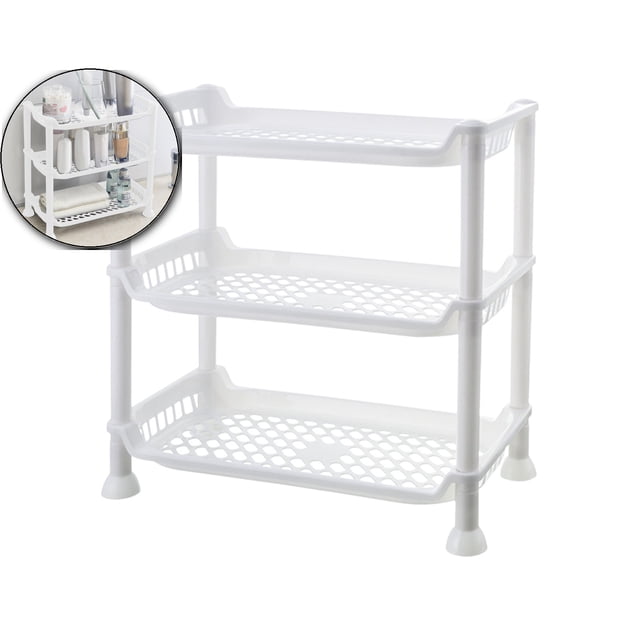 Dvruxg Bathroom Rack Over Toilet with three-tier white plastic shelves featuring a honeycomb hollow drainage design for quick water removal. Space-saving organizer ideal for storing towels, shower essentials, and toiletries in small bathrooms. Stable base with non-slip silicone pads ensures safety. Also suitable for organizing kitchen items or other household essentials.