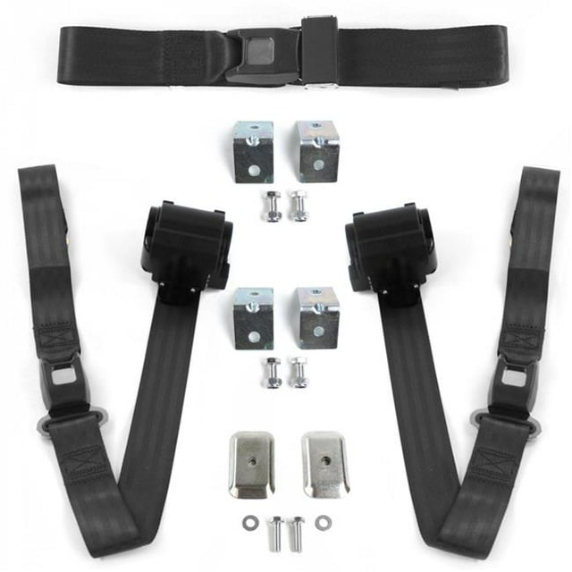 IH Scout 1961-1980 Standard 2 Point Black Retractable Bench Seat Belt Kit with Bracketry - 3 Belts