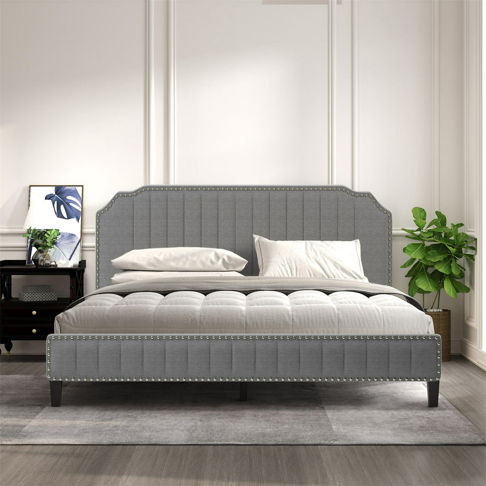 King Size Upholstered Platform Bed Frame with Headboard, Modern Linen