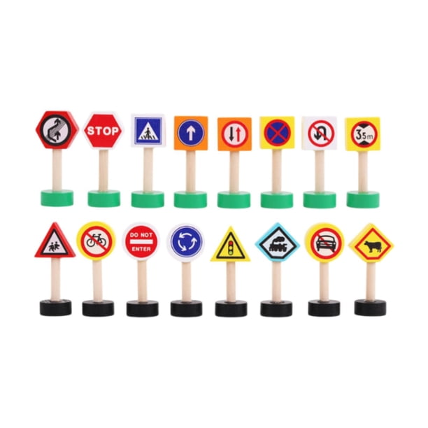 16 señales de tráfico de madera para centros de actividades de aprendizaje preescolar con vehículos de juego Estilo B