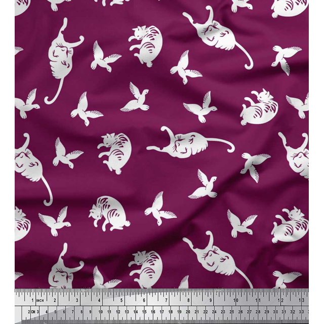Soimoi Rayon Fabric Bird & Cat Animal Printed Fabric 1 Yard 56 Inch Wide