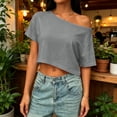 thumbnail image 4 of Womens Off The Shoulder Tops Short Sleeve Solid Crop Tops Casual Loose Summer T Shirt, M, 4 of 5