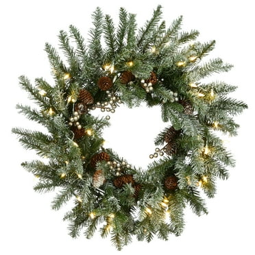 National Tree Company Pre-Lit Feel Real® Artificial Christmas Wreath, Green, Snowy Morgan Spruce, Pine Cones, Champagne Berries, 50 Multicolor Twinkly™ Lights brand smart LED lights, 24 Inch