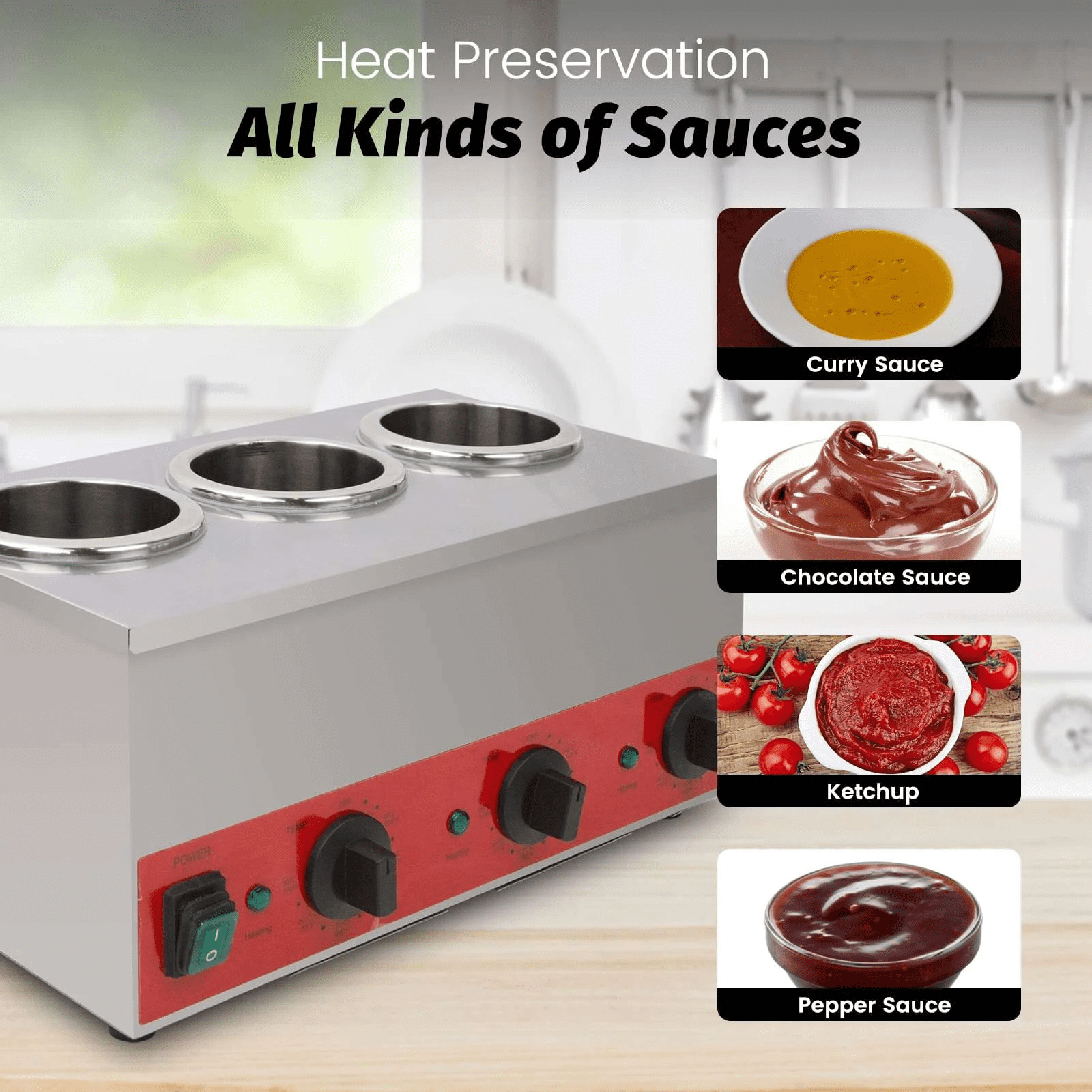 Hakka Triple Bottle Sauce and Cheese Warmer, 3 Well Stainless Steel, 600W, Adjustable Temperature 105-195F, 110V