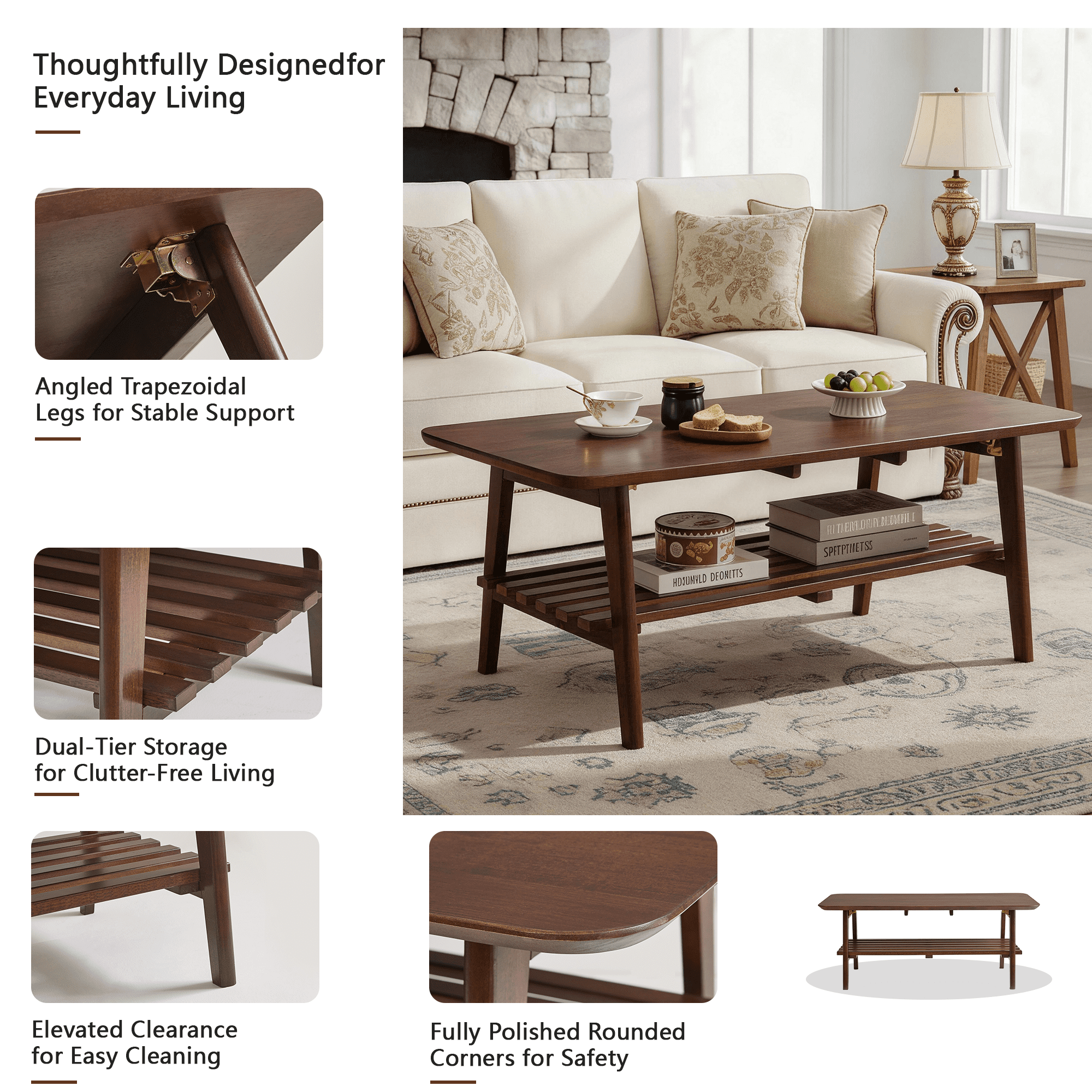 Wooden Coffee Table with Storage Shelf, Rectangular Center Table for Living Room, Walnut Brown
