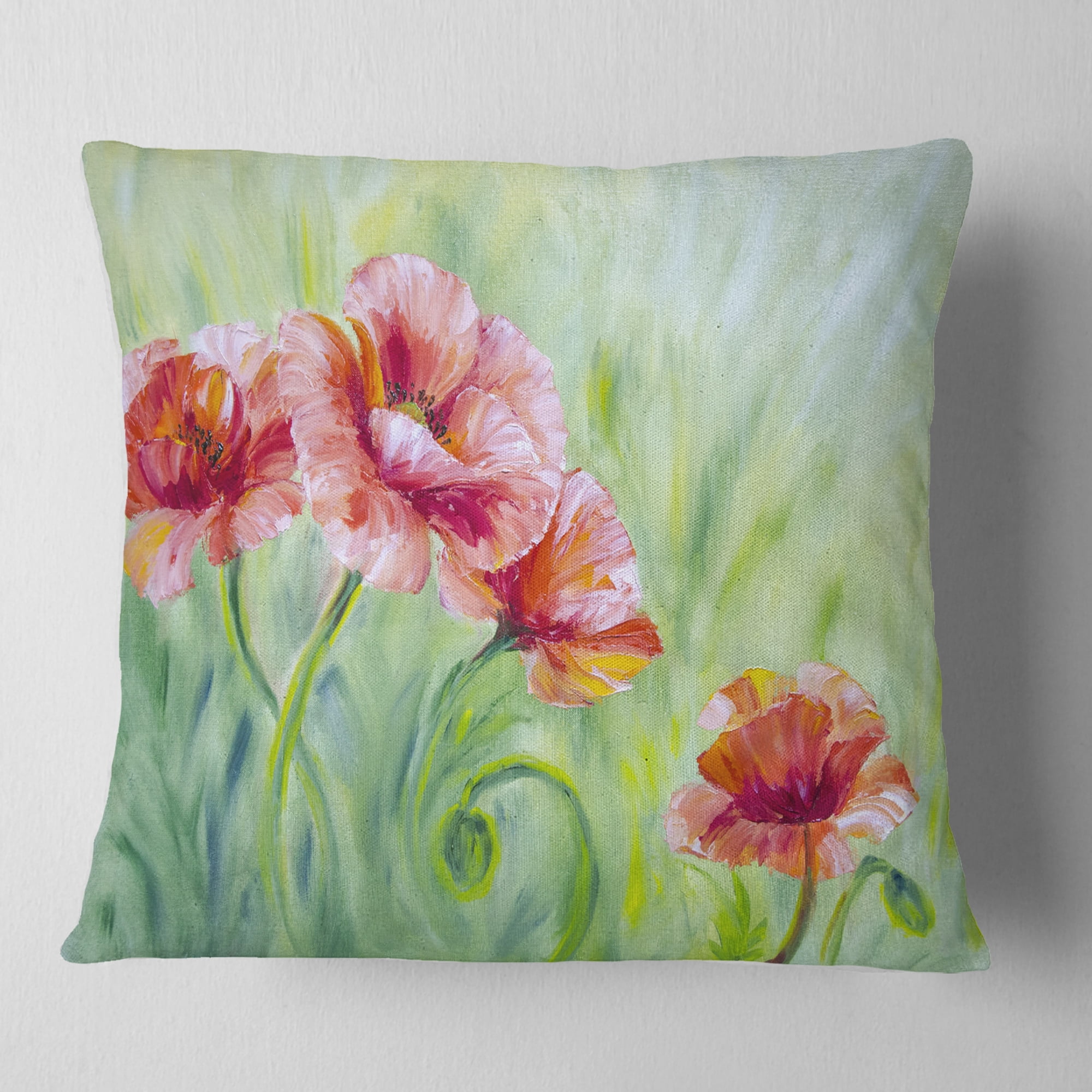 Designart Pale Red Poppies - Floral Throw Pillow - 16x16