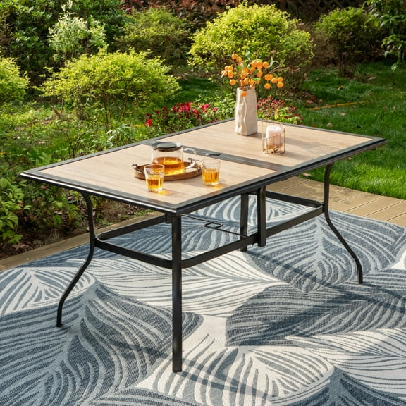 MF Studio 6-Person Patio Dining Table with Wood-look Tabletop & Steel Frame, 2" Umbrella Hole, Black