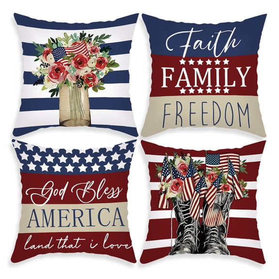 4th of July Throw Pillow Covers 18x18 Set of 4 Patriotic Pillow Covers American Flag Memorial Day Velvet Fourth of July Red White Blue Pillow Case Cushion Covers Home Outdoor Sofa Decorations