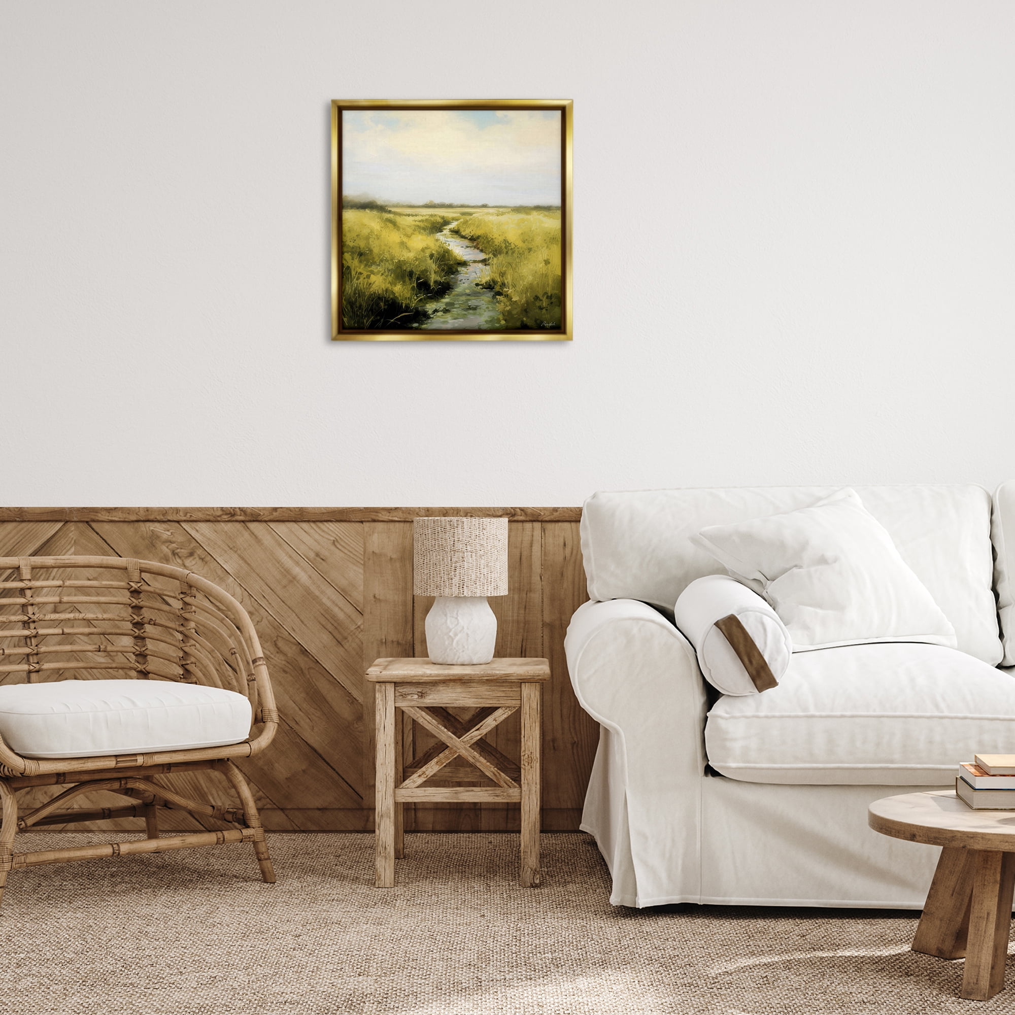 Stupell Industries Calming Horizon Stream Landscape & Nature Painting Gold Floater Framed Canvas Art Print Wall Art, 25 x 25