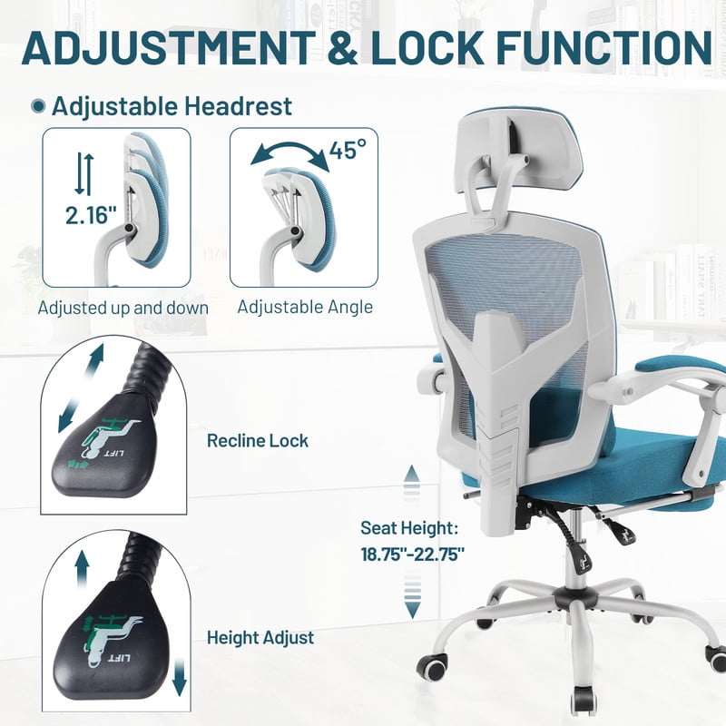 Ergonomic Office Chair with Footrest, Swivel Mesh Chair with Lumbar Support, Headrest and Flip-up Armrests for Home Office, Blue