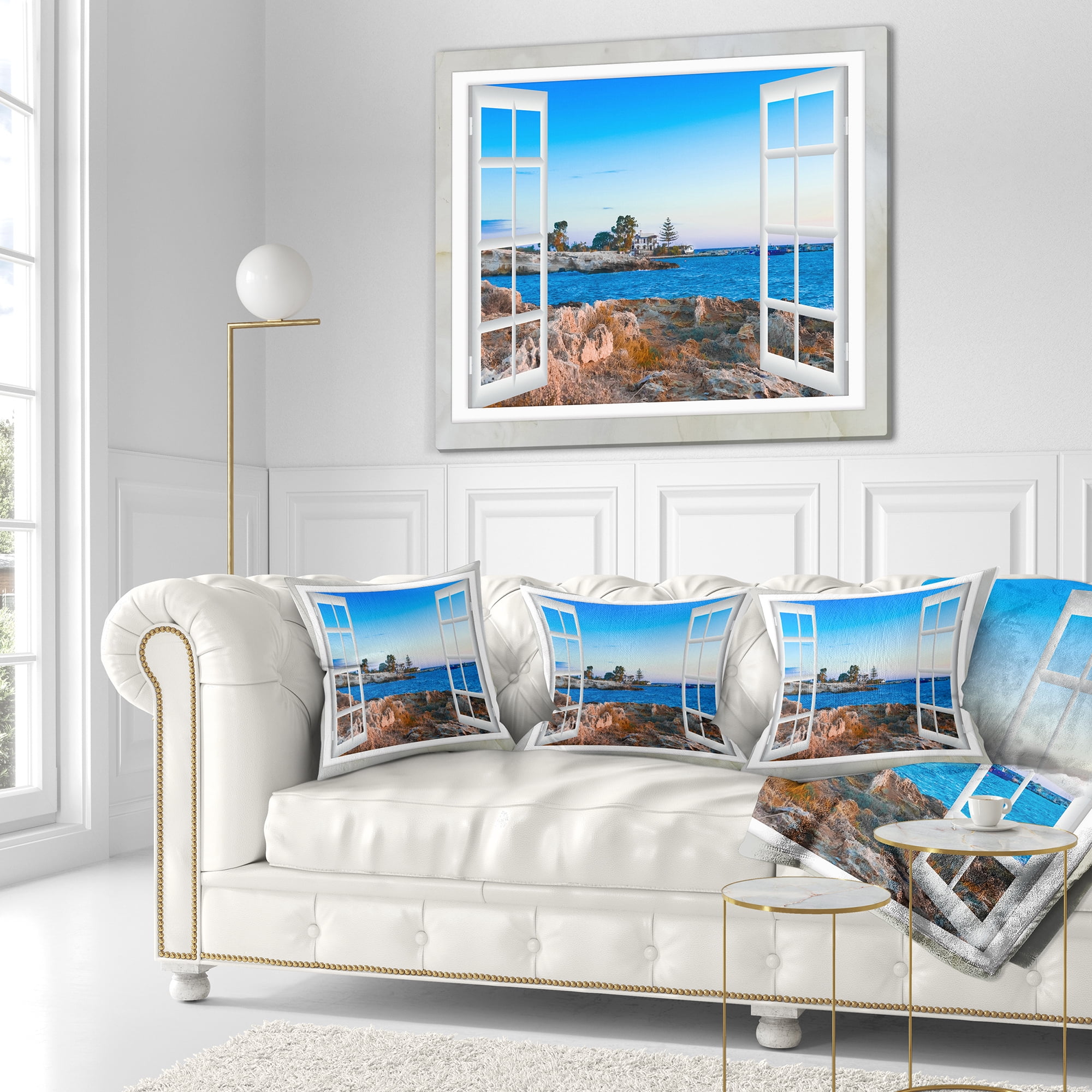 Designart Open Window to Blue Seashore - Landscape Wall Throw Pillow - 18x18