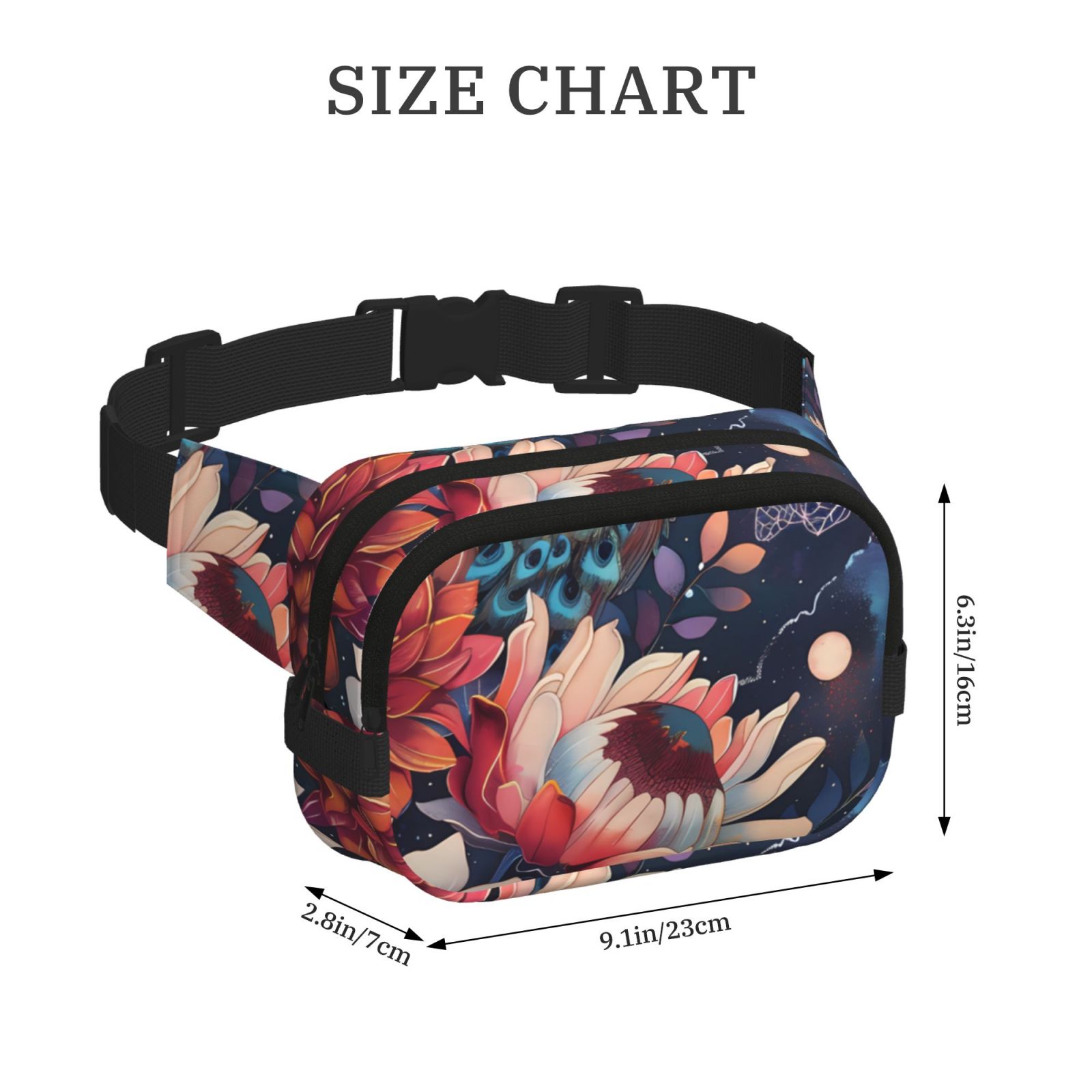 Picia Colorful Flower Peacock Print Square Double-Layer Waist Bag Mini Adjustable Waist Belt Bag Exercise Running Travel Hiking