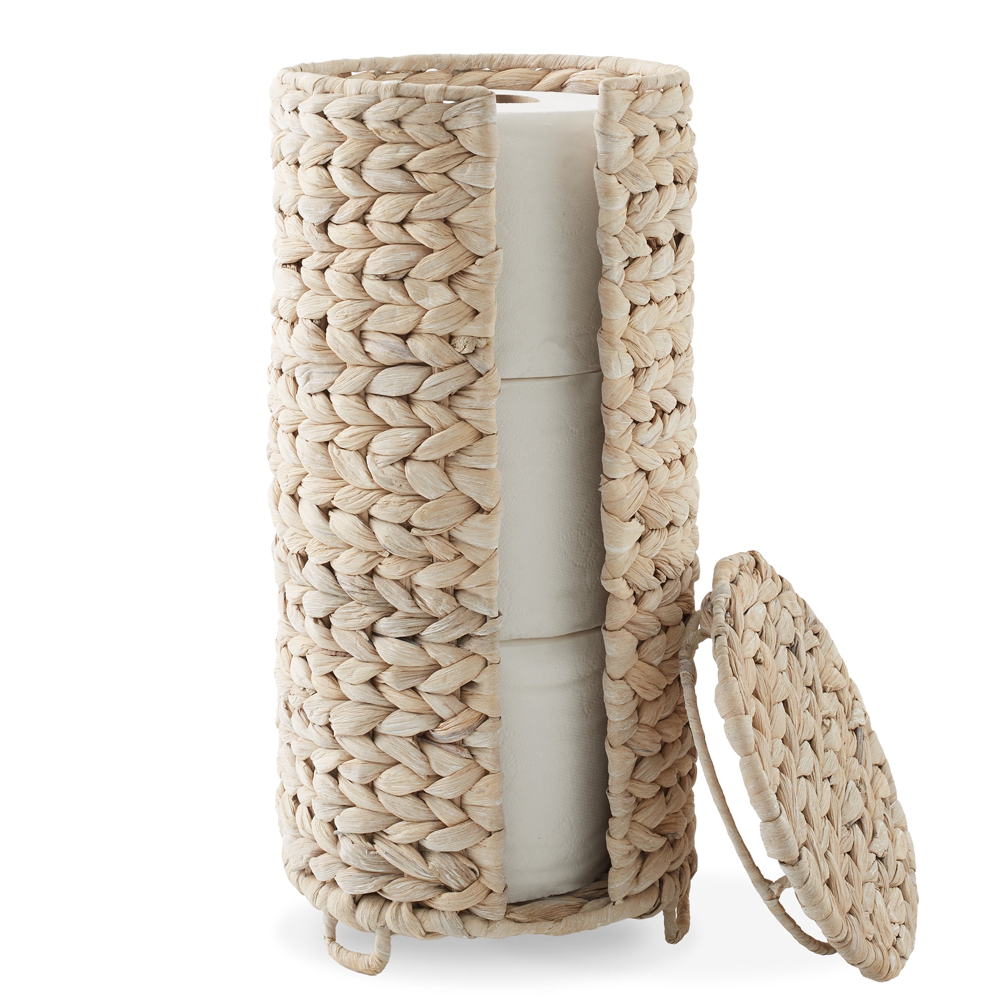 Casafield Toilet Paper Roll Holder with Lid - Whitewash, Fits 3 Rolls, Free Standing Water Hyacinth Bath Tissue Storage Organizer for Bathroom