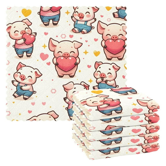 6 Packs Cute Pig with Heart Kitchen Dish Towels Soft Absorbent Dish Cloths 11"x11"