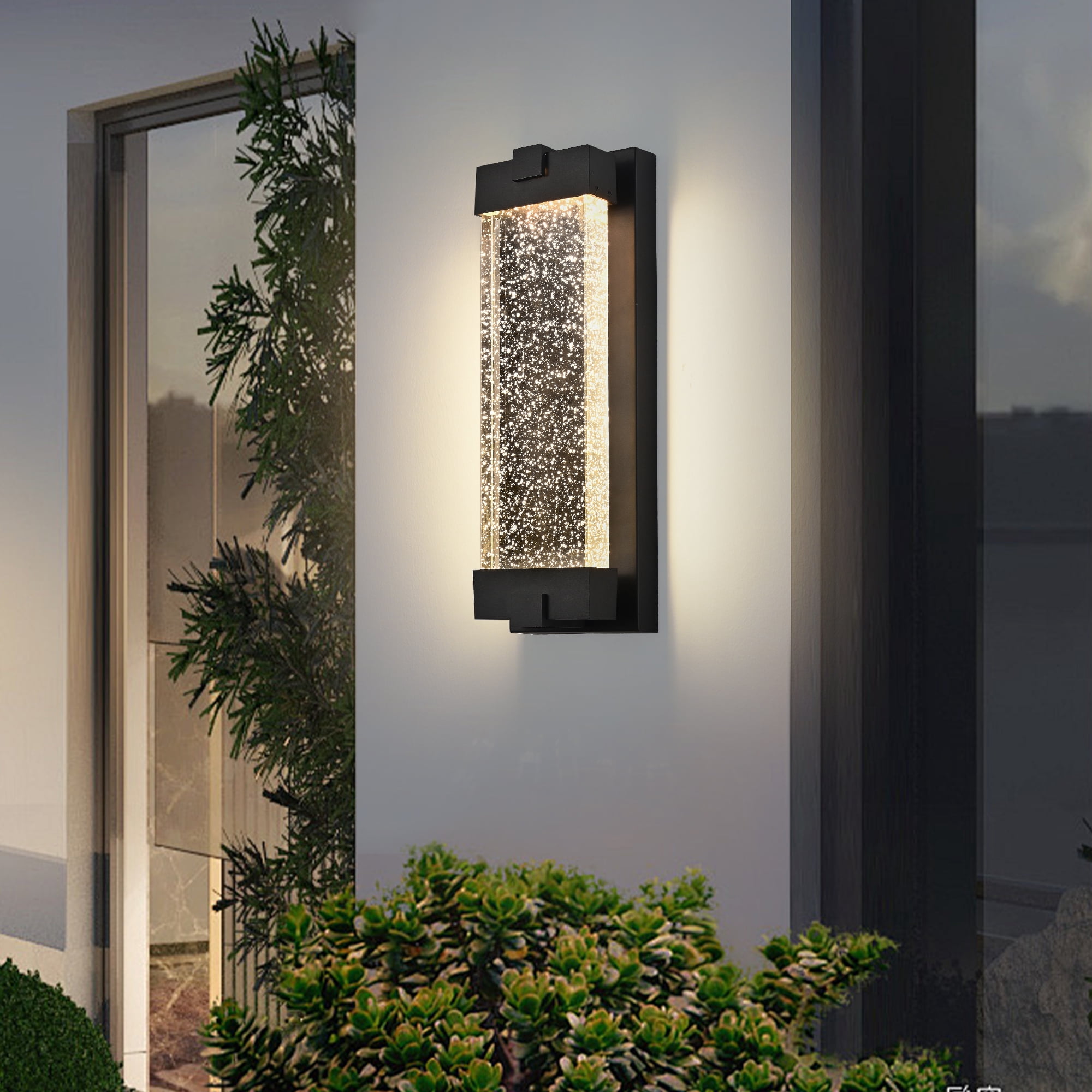 Leumius 19"(H) Black Outdoor Wall Light with Bubble Crystal Glass, LED Light Source, Weatherproof Exterior Sconce for Patio, Porch or Garage (1-Pack)