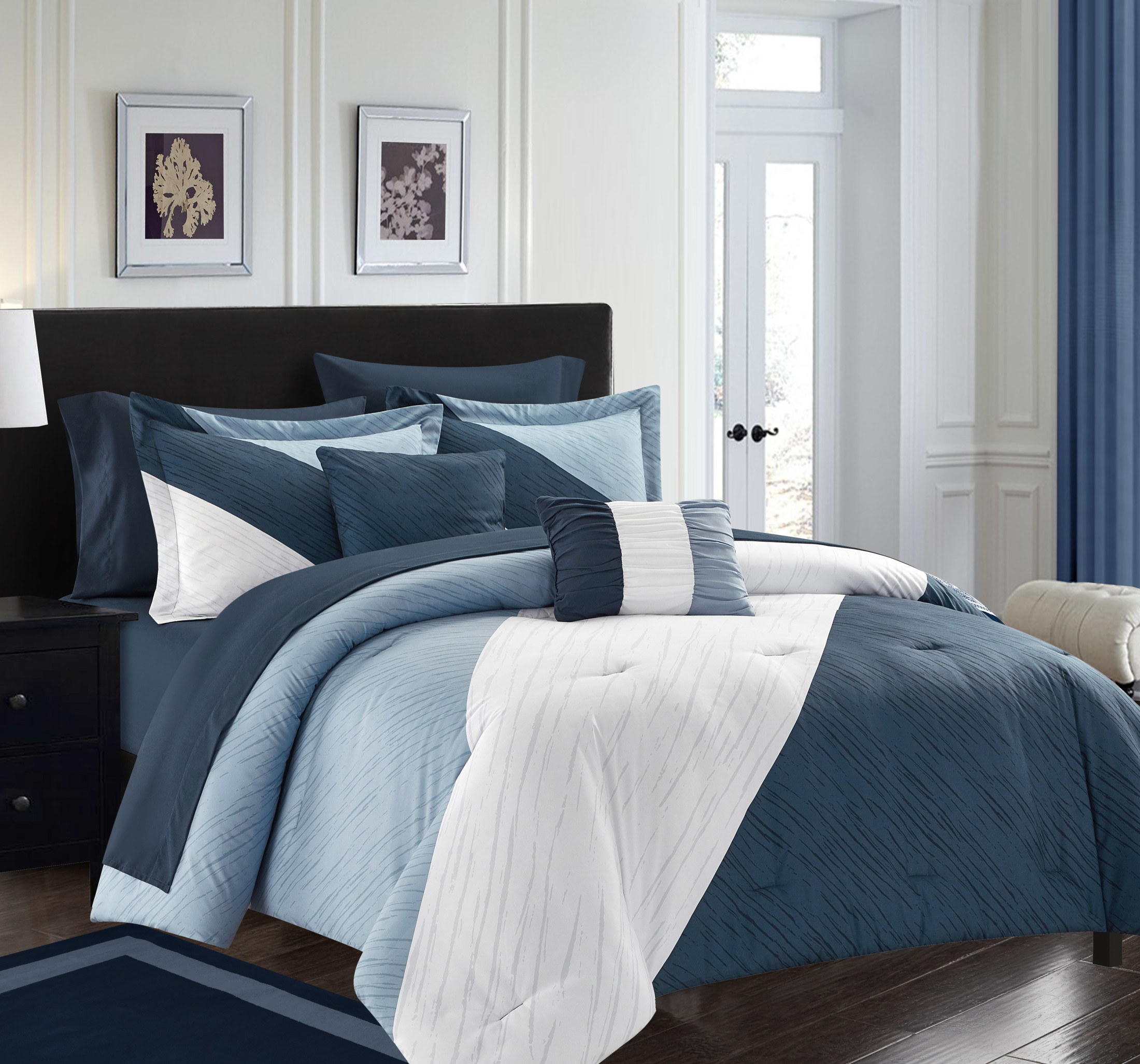 Chic Home Naomé 7-Piece Color Block Comforter Set, Twin, Navy