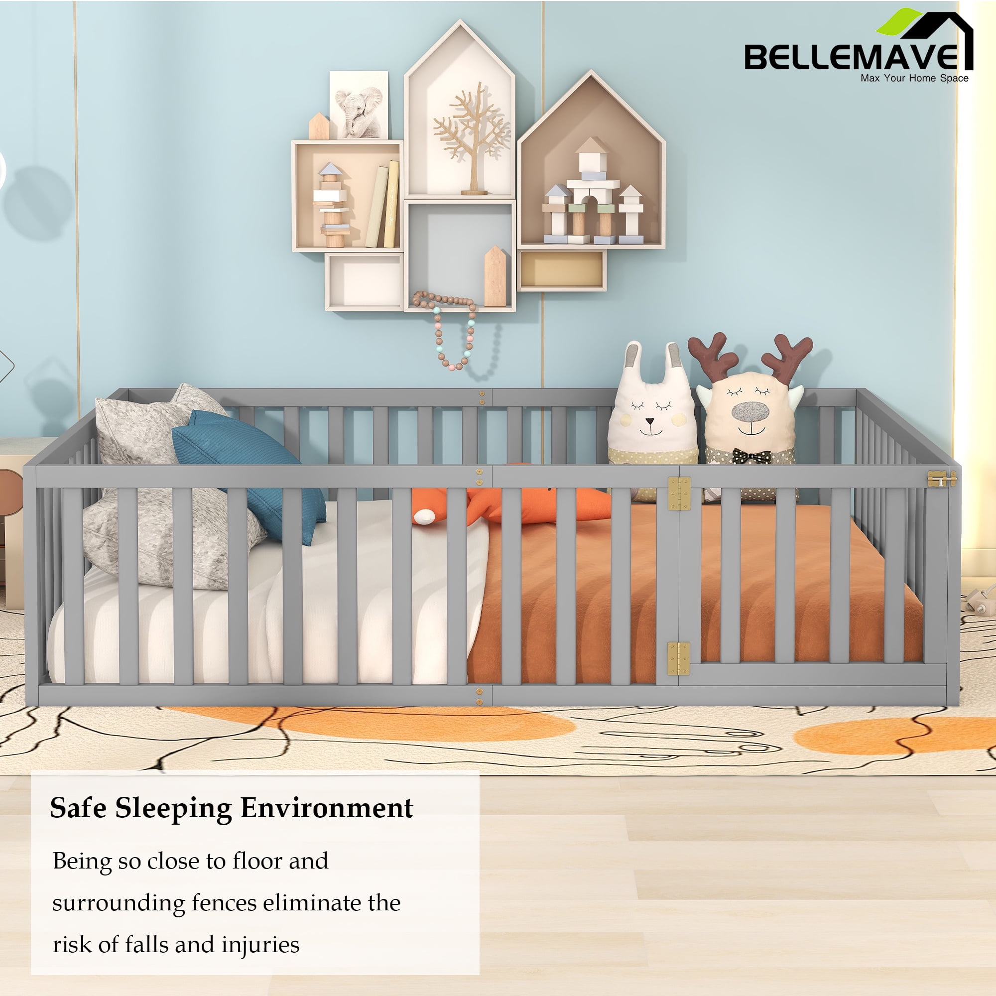 Bellemave Queen Size Floor Bed with Fence and Door, Wood Montessori Bed Frame, Floor Bed Frame, Slats Not Included (Queen,Gray)