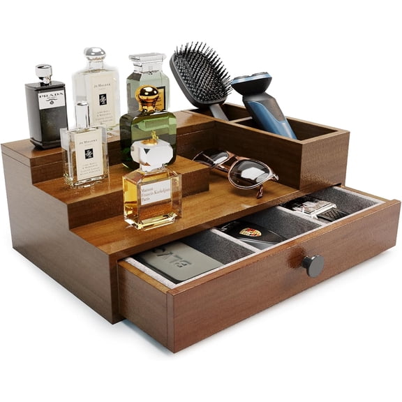 Pine Wood Cologne Stand Organizer for Men, 3 Tier Cologne Display Shelf Organizer with Hidden Compartment and Velvet Lining Drawer, Perfume Display Holder (Brown, 01)