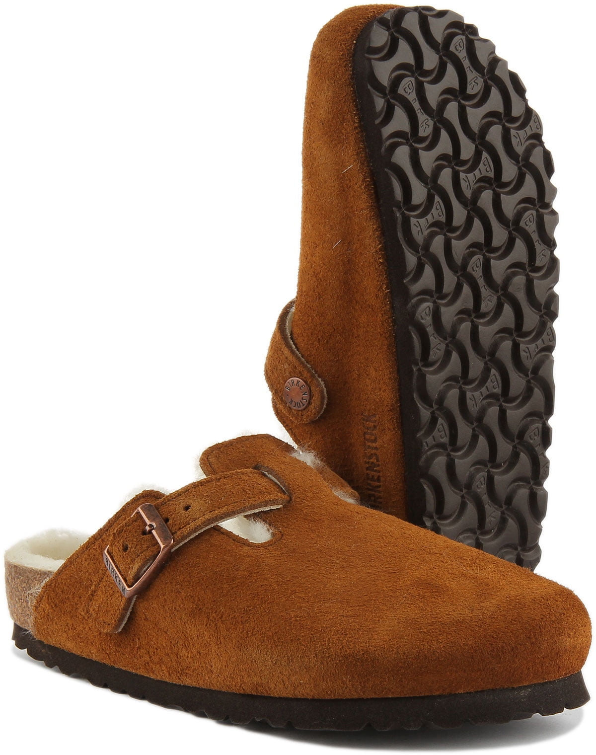 Birkenstock Boston Shearling Unisex Single Strap Suede Sandal In Mink Size 11/11.5F -9/9.5M