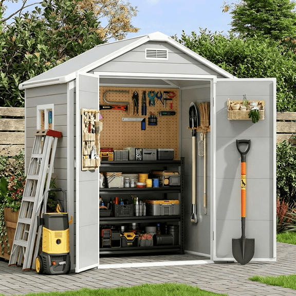 6x4 FT Resin Storage Shed with Floor – Lockable Door & Air Vent, Weatherproof Garden Cabinet for Backyard, Patio, Lawn (Cloud Gray)