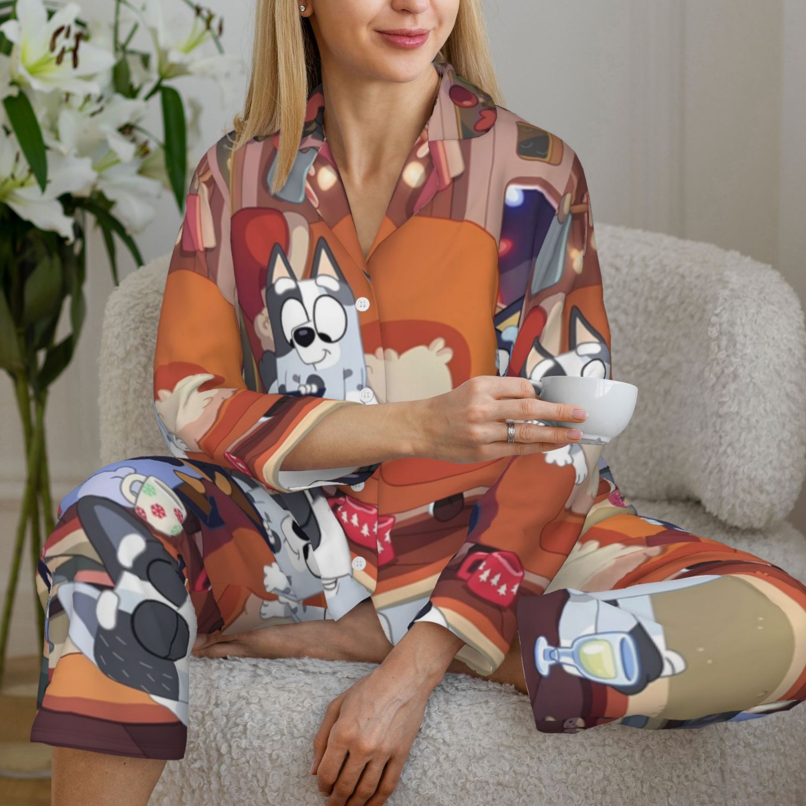 Silaia Bluey Print Women 2 Piece Pajama Set,Button Down Long Sleeve Sleepwear,Pjs Loungewear Sleepwear,Pj Lounge Sets-Large