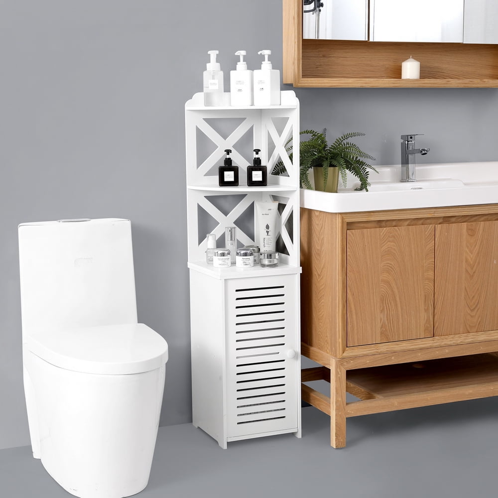 Kepooman Bathroom PVC Corner Floor Cabinet Storage Organizer with Single Doors & Shelves, White Kepooman Bathroom PVC Corner Floor Cabinet Storage Organizer with Single Doors & Shelves, White