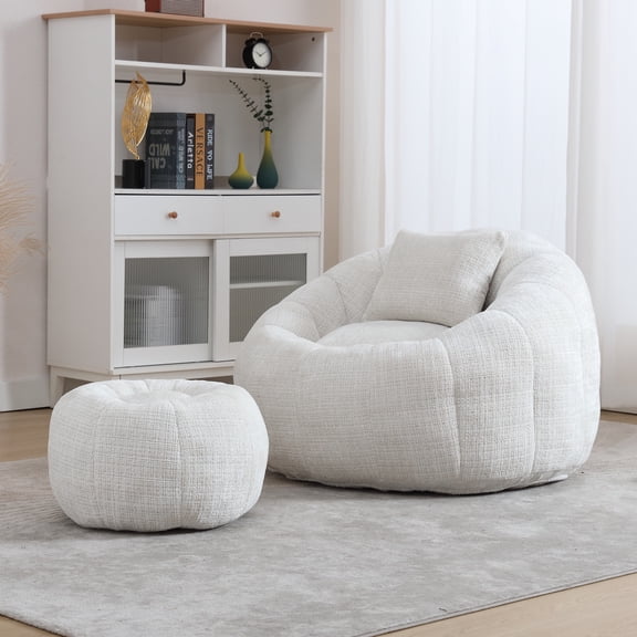 Bean Bag Chair with Ottoman, Legahome Large Bean Bag for Adult, Chenille Lazy Floor Sofa with Pillow, Pumpkin Shaped Bean Bag Chair, Reading Chair for Living Room, Bedroom, Beige