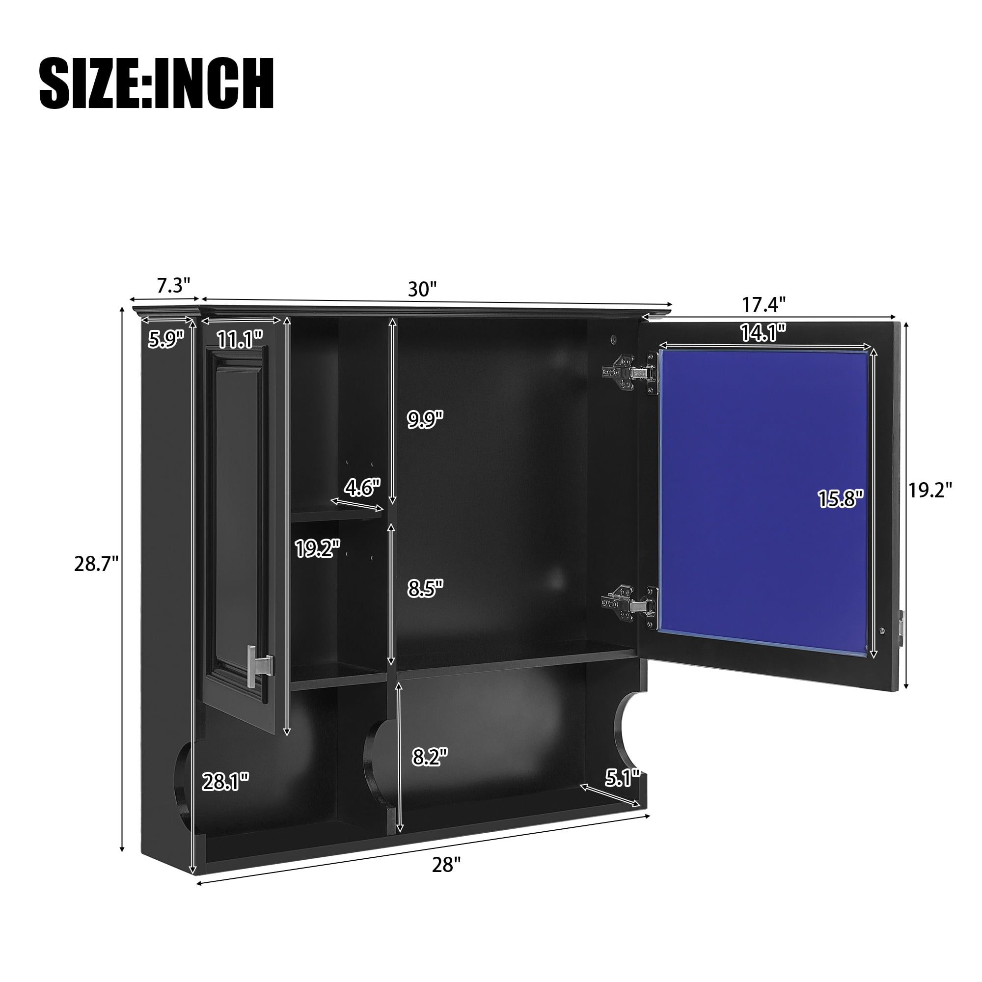 30 Inch Mirror Medicine Cabinet with Open Shelves, Wall Mounted Home Storage with Doors & Mirror, Adjustable Shelf, Bathroom Storage Cabinet over Toilet
