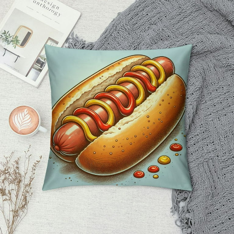 BCIIG Throw Pillow Cover Red Hotdog Realistic Hot Dog Mustard Summer Vintage Wiener Pillowcase Home Decorative Square Pillow Case Cushion Cover