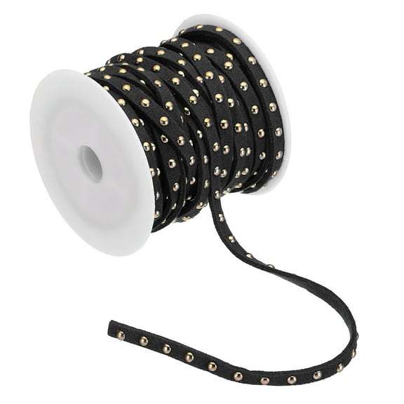 16.4ft Studded Faux Suede Cord Rope for Jewelry Making 5mm Micro Fibre Flat Leather Lace Beading String Ribbon with Rivets, Black Golden