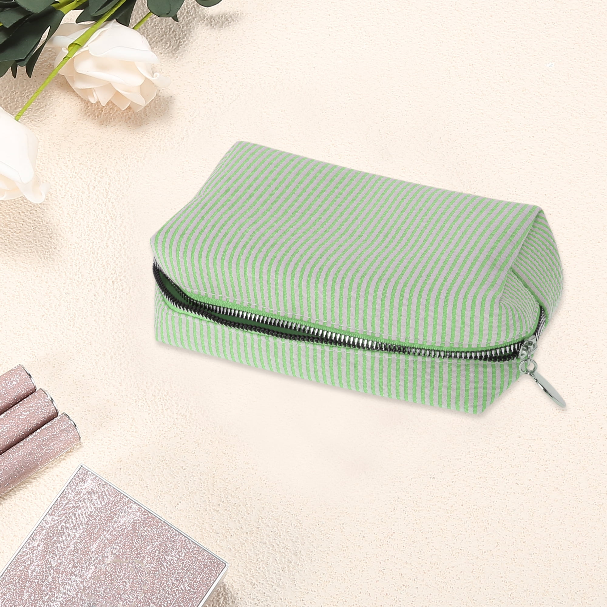 Unique Bargains 1 Pc Striped Pattern Makeup Bag with Smooth Drawstring Design Light Green