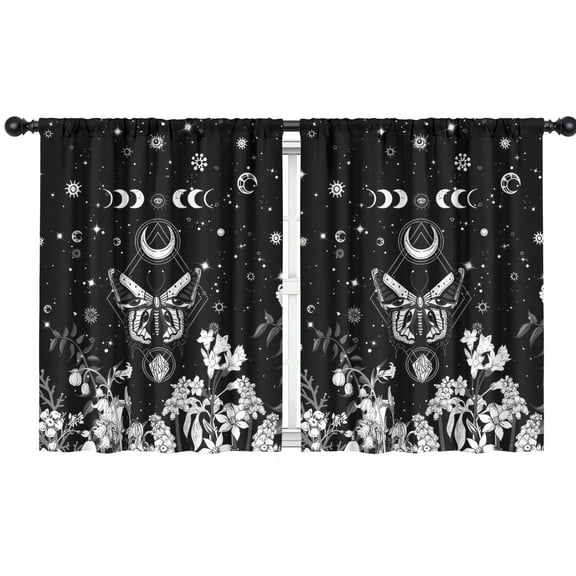 Blackout Kids Curtains,Black Gothic Sun Moon Flower Pattern Childrens Insulated Curtains Set Of 2,Bedroom Essentials,Toddler Room Decor 42x54in(106x137cm)