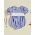 thumbnail image 6 of BemeyourBBs Newborn Baby Girl 4th of July Outfit Patriot Independent Day Clothes Smocked Bubble Romper Gingham Plaid Short Puff Sleeve Ruffled USA Flag Embroidery Bodysuit Jumpsuit, 6 of 9