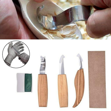 Set of 7 Wood Carving Knives Hook Knife Spoon Carving Tool Soup Spoon Blank Cut Resistant Gloves Leather Strop and Polishing Compound