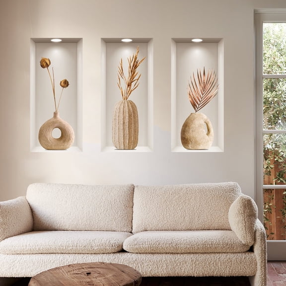 3 Pcs Set Wall Stickers Vase 3D Art Mural Removable Decals Vinyl Peel and Stick for Living Room Bedroom Dining Room DIY Decor