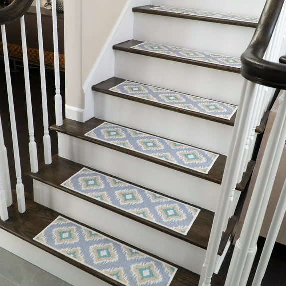 SussexHome Tetra Design 9" X 28" Stair Treads - 70 % Cotton Anti-Slip Carpet Strips for Indoor Stairs-Easy to Install Stair Treads with Double Adhesive Tape-Safe, Extra-Grip, 13-Pack-Teal