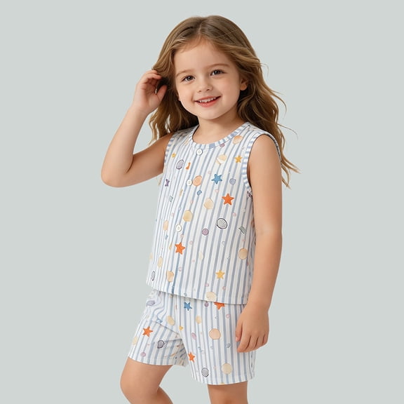 BOOMNY Child Girls Pajamas Sets 2 Peice Graphic Sleeveless Sleepwear Tops Shorts Pjs Set for Kids Cozy Loungewear Homewear