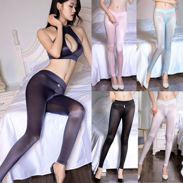 Women/Lady Sheer Shiny Zipper Open Crotch Leggings Silky Trousers Pants  Clubwear