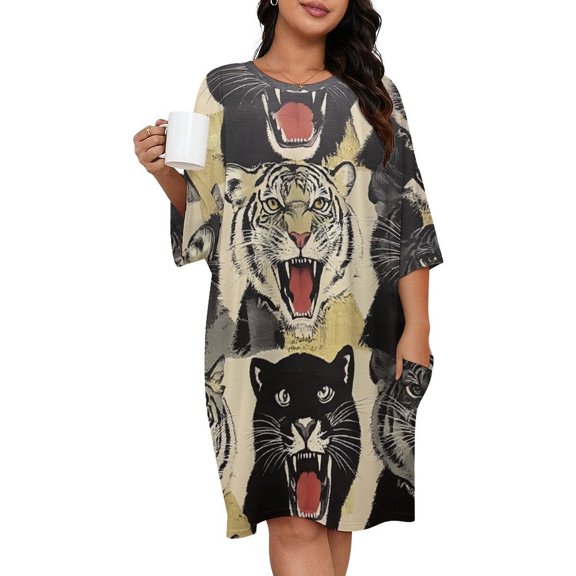 Roaring Tiger Wallpaper Repeat Sleepshirts For Sleeping Travels Loose Sleepdress Pajama Dress Soft Nightdress Sleepwear