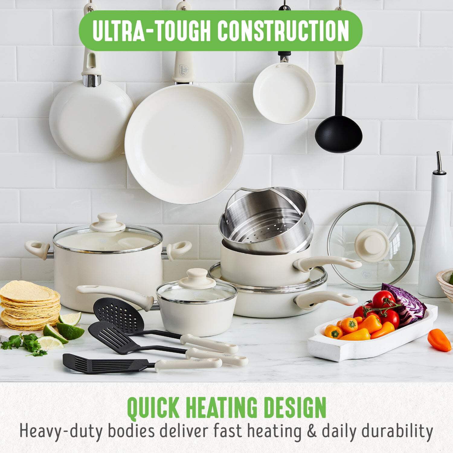 GreenLife 16 Piece Soft Grip Cookware Set, Non-Toxic Ceramic Nonstick, Cream
